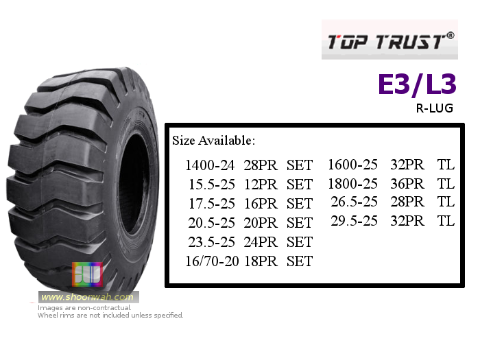 18.00-25  36PR Top Trust E3/L3 R-LUG OTR tubeless tire available in malaysia